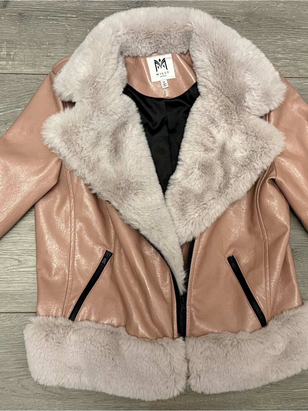 Milly Pink Faux Leather Jacket with Plush Faux Fur Trim
